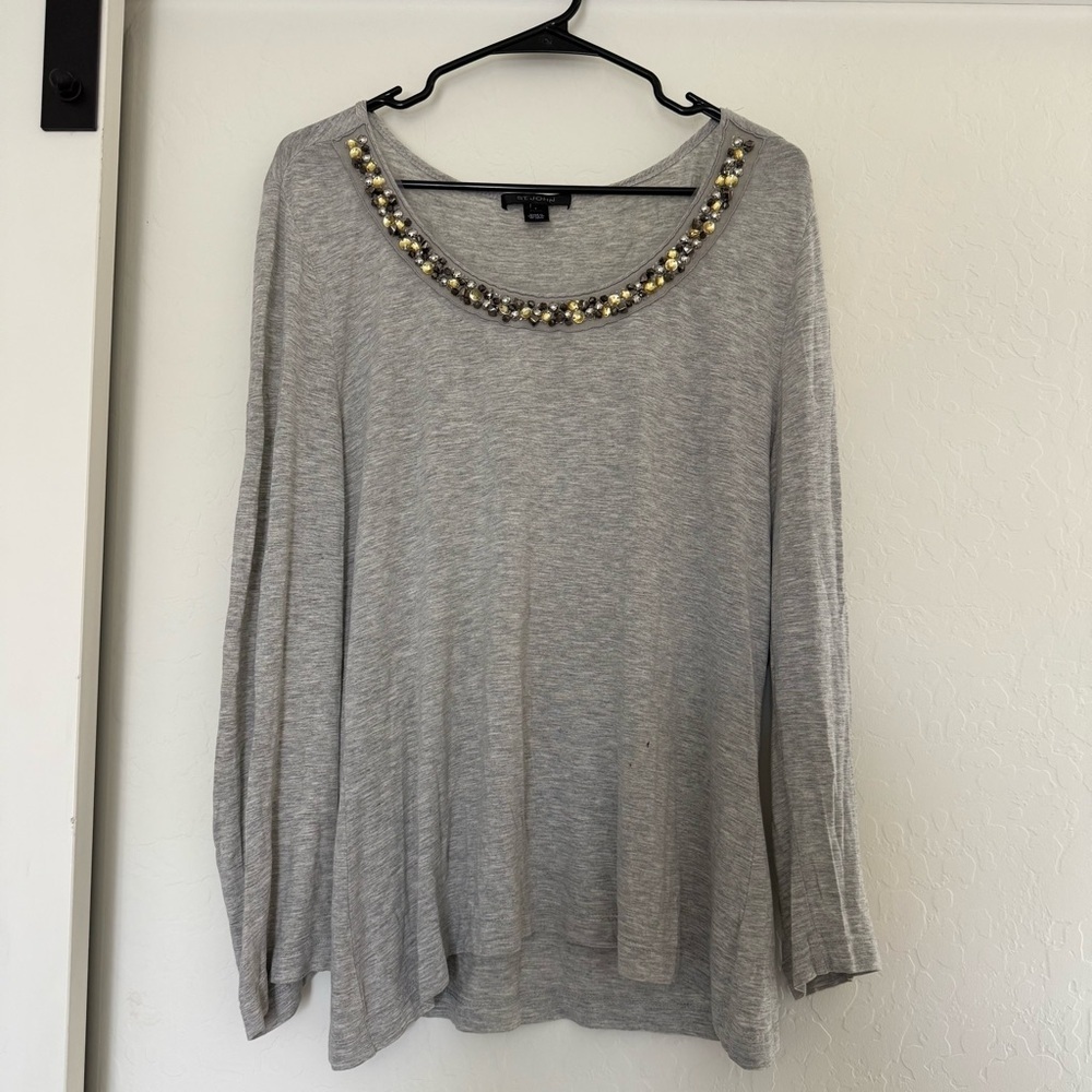St. John Women’s Long Sleeve Beaded Neckline Tunic Top Rhinestone Jewel Bling L